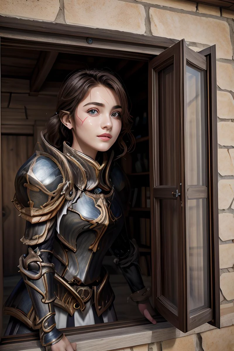 1girl, beautiful, delicate, perfect eyes, nose, lips, face ((masterpiece)), ((best quality)), highres <lora:HXarmour_075:0.9> HXarmour <lora:from_outside_window:1> from outside window of a medieval house looking at viewer