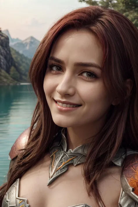 (beautiful charming girl:1.8), afternoon in a fantasy ultra realistic highly extremely detailed enchanted ((colorful highland:1.8)) with (highly realistic very detailed colorful trees, plants and glowing flowers:2.2,((glowing colorful butterflies:0.8)),(crystal clear reflective lake:1.6) (detailed red armor:1.6) (((masterpiece))), (((best quality))), 8k, epiCPhoto OverallDetail <lora:HXarmour_079:0.7> HXarmour, looking at viewer, sharp focus, (vivid colors:1.4), ((hyperrealistic:1.4)), ((photorealistic:1.5)), highres, highly detailed, perfect eyes, perfect nose, lips, ultra texture resolution, (highly detailed skin texture:1.4), perfect detailed shiny (long red hair:1.6), (delicate smile:1.9), 16 bit colors, ultra sharpness image, (crisp colors:1.6), superrealistic, (realistic skin and lips texture:1.6) (highly realistic eyes texture:1.4) (highly detailed hair texture:1.6) <lora:more_details:0.8> <lora:ReaLora:0.4> keep proportions, fit image, (full body shot:1.2), ((free pose))