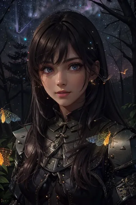 beautiful charming girl, afternoon in a fantasy ultra realistic highly extremely detailed enchanted ((colorful forest:1.6)) with (highly realistic very detailed colorful trees, plants and flowers:1.8),((glowing fireflies:1.6)),((purple blue starry sky:1.6)),(crystal clear reflective lake:1.4) (detailed purple armor:1.6) (((masterpiece))), (((best quality))), 8k, epiCPhoto OverallDetail <lora:HXarmour_077:1> HXarmour, looking at viewer, sharp focus, (vivid colors:1.2), hyperrealistic, photorealistic, highres, highly detailed, perfect dreamy eyes, perfect nose, lips, high texture resolution, highly detailed skin texture