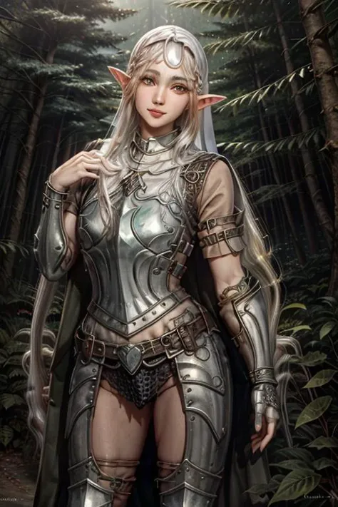 (beautiful charming elf girl:1.8), ((hiding hands behind back:1.8)), afternoon in a fantasy ultra realistic highly extremely detailed enchanted ((colorful forest:1.8)) with (highly realistic very detailed colorful trees, plants and glowing flowers:1.8),((glowing colorful butterflies:0.8)),(crystal clear reflective lake:1.6) (detailed green armor:1.8) (((masterpiece))), (((best quality))), 8k, epiCPhoto OverallDetail HXarmour, looking at viewer, sharp focus, (vivid colors:1.2), ((hyperrealistic:1.3)), ((photorealistic:1.3)), highres, highly detailed, perfect eyes, perfect nose, lips, ultra texture resolution, (highly detailed skin texture:1.4), perfect detailed shiny ((long white hair:2.4)), (delicate smile:1.9), 16 bit colors, ultra sharpness image, (crisp colors:1.4), superrealistic, (realistic skin and lips texture:1.8) (highly realistic eyes texture:1.4) (highly detailed hair texture:1.6) <lora:more_details:0.85> <lora:ReaLora:0.35> keep proportions, fit image, (full body shot:0.8), ((free pose)) <lora:HXarmour_080:0.9> (realistic face texture:1.4)