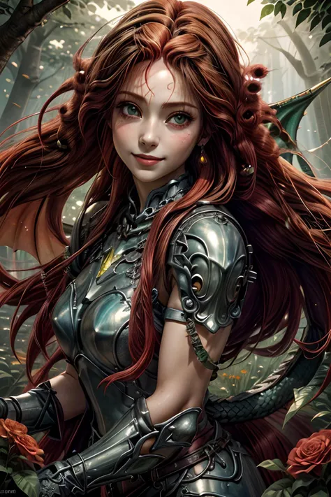 ((beautiful dragon girl with dragon wings:1.6)), ((dragon wings:1.6)), ((dragon horns:1.4)), afternoon in a fantasy ultra realistic highly extremely detailed enchanted ((colorful meadow:1.8)) with (highly realistic very detailed colorful trees, plants and glowing flowers:1.8),((glowing colorful butterflies:0.8)),(crystal clear reflective lake:1.6) (detailed green armor:1.8) (((masterpiece))), (((best quality))), 8k, epiCPhoto OverallDetail HXarmour, looking at viewer, sharp focus, (vivid colors:1.2), ((hyperrealistic:1.3)), ((photorealistic:1.3)), highres, highly detailed, perfect eyes, perfect nose, lips, ultra texture resolution, (highly detailed skin texture:1.4), perfect detailed shiny ((long red hair:2.4)), (delicate smile:1.9), 16 bit colors, ultra sharpness image, (crisp colors:1.4), superrealistic, (realistic skin and lips texture:1.8) (highly realistic eyes texture:1.4) (highly detailed hair texture:1.8) <lora:more_details:0.8> <lora:ReaLora:0.35> keep proportions, fit image, (full body shot:0.8), ((free pose)) <lora:HXarmour_080:0.7> ((beautiful realistic face texture:1.4))