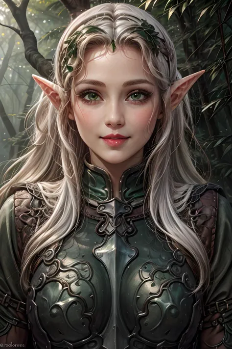 (beautiful charming elf girl:1.8), afternoon in a fantasy ultra realistic highly extremely detailed enchanted ((colorful forest:1.8)) with (highly realistic very detailed colorful trees, plants and glowing flowers:1.8),((glowing colorful butterflies:0.8)),(crystal clear reflective lake:1.6) (detailed green armor:1.8) (((masterpiece))), (((best quality))), 8k, epiCPhoto OverallDetail HXarmour, looking at viewer, sharp focus, (vivid colors:1.2), ((hyperrealistic:1.3)), ((photorealistic:1.3)), highres, highly detailed, perfect eyes, perfect nose, lips, ultra texture resolution, (highly detailed skin texture:1.4), perfect detailed shiny ((long white hair:2.4)), (delicate smile:1.9), 16 bit colors, ultra sharpness image, (crisp colors:1.4), superrealistic, (realistic skin and lips texture:1.8) (highly realistic eyes texture:1.4) (highly detailed hair texture:1.6) <lora:more_details:0.85> <lora:ReaLora:0.35> keep proportions, fit image, (full body shot:0.8), ((free pose)) <lora:HXarmour_080:0.9> (realistic face texture:1.4)