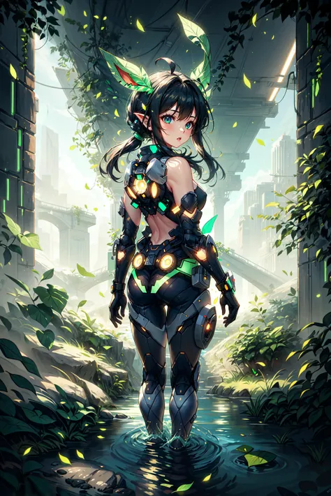 1girl, black body armor, from behind, looking back, pony tail, parted bangs, <lora:HXarmour_081:0.8> HXARMOUR, <lora:Leafeon_Pokemon_0470_SD_1.5:0.8> Leafeon, leaf tail, highrises, destroyed buildings, cyberpunk, <lora:NatureMagic:0.4> glowing particles,magical energy , green mana, greena aura, naturemagic, spirit, wind, aura, muddy river, walking in river, <lora:more_details:0.2>, outdoor, (walking below bridge), futuristic roof, leaf storm, nature magic, glowing hands, neon lights, stones, stone plates