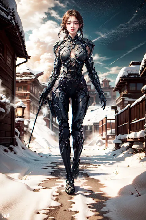 <lora:HX_Armour 074:0.75>,
(HXARMOUR):1.24, ((running posture, cool smile)),
BREAK 1woman, ((young woman)), adorable, clear face, solo, (((full body))):1.33, (milky skin, curvy body, slender body, idol vibe), (long hairs, multicolor hairs):1.2,
BREAK soft light, light on face, cinematic lighting, detailed(shadow), detailed glow,
BREAK <lora:add_detail:0.45>, extremely detailed, CG, finely detailed, (masterpiece, best quality):2.0, ((photorealistic:1.15)),
BREAK <lora:uber_saggy2:0.68>, saggy, sagging_breasts, ((large breasts)), <lora:Front face lighting åé¢ã©ã¤ãã¢ãã v2:0.35>, <lora:GoodHands-vanilla:0.7>,
((outdoors, night, starry sky, clear sky, starry star, fantasy, a woman in battle field, bomb, smoke, snow dust, snow, explosion, blast)),