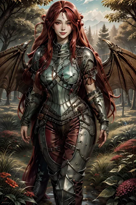 ((beautiful dragon girl with dragon wings:1.6)), ((dragon wings:1.6)), ((dragon horns:1.4)), afternoon in a fantasy ultra realistic highly extremely detailed enchanted ((colorful meadow:1.8)) with (highly realistic very detailed colorful trees, plants and glowing flowers:1.8),((glowing colorful butterflies:0.8)),(crystal clear reflective lake:1.6) (detailed green armor:1.8) (((masterpiece))), (((best quality))), 8k, epiCPhoto OverallDetail HXarmour, looking at viewer, sharp focus, (vivid colors:1.2), ((hyperrealistic:1.3)), ((photorealistic:1.3)), highres, highly detailed, perfect eyes, perfect nose, lips, ultra texture resolution, (highly detailed skin texture:1.4), perfect detailed shiny ((long red hair:2.4)), (delicate smile:1.9), 16 bit colors, ultra sharpness image, (crisp colors:1.4), superrealistic, (realistic skin and lips texture:1.8) (highly realistic eyes texture:1.4) (highly detailed hair texture:1.6) <lora:more_details:0.8> <lora:ReaLora:0.35> keep proportions, fit image, (full body shot:0.8), ((free pose)) <lora:HXarmour_080:0.9> ((beautiful realistic face texture:1.4))