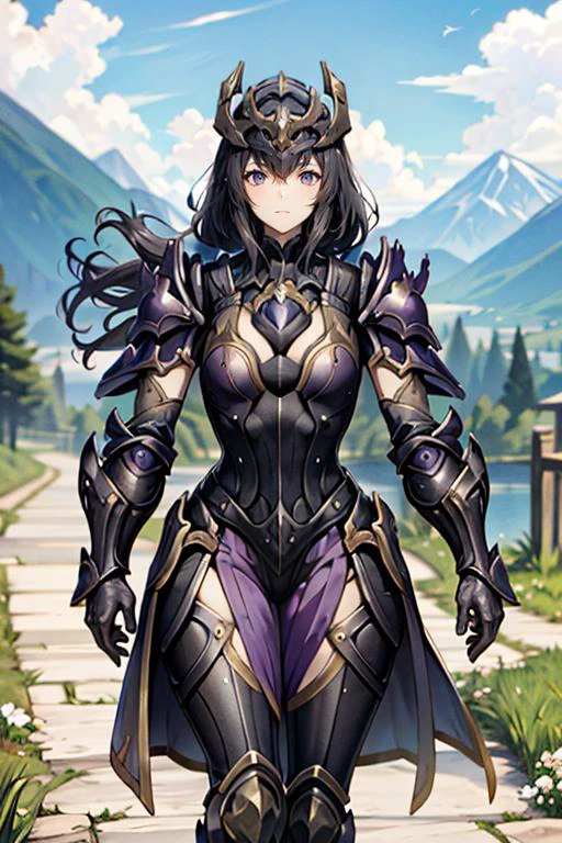 <lora:HXarmour_012:0.8>,hxarmour,1girl,(purple armour:1.3),moutain,walking,