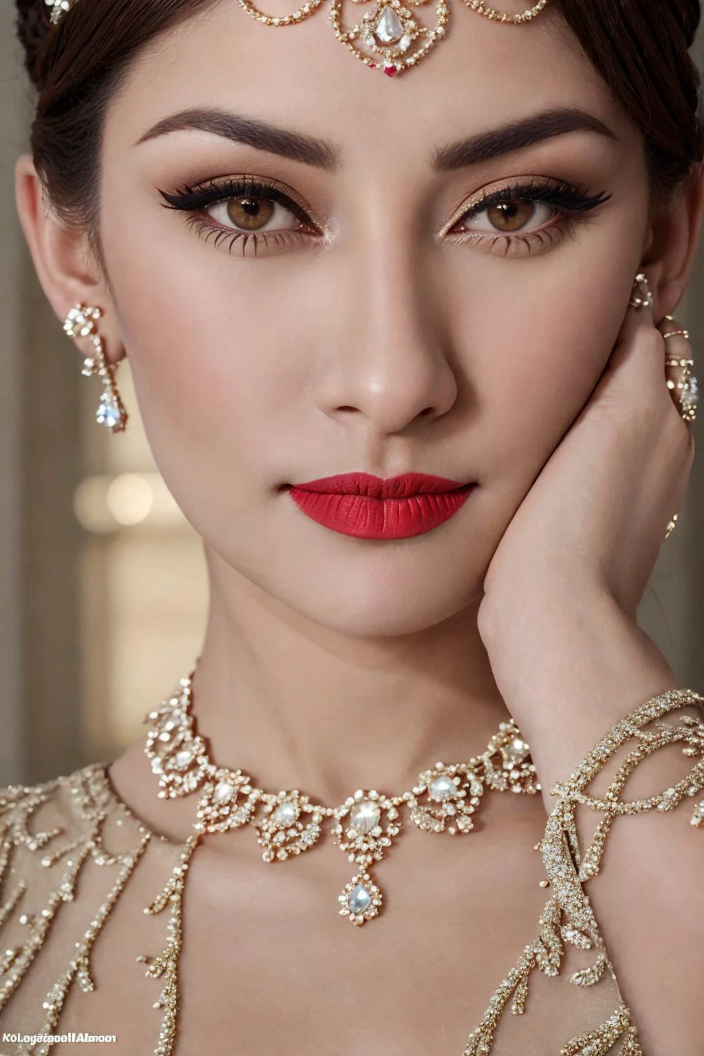 <lora:kebaya:0.9>, 1 women, a photorealistic photo of Hepburn, <lora:AudreyHepburn_v10:0.3>, (high detailed face), best quality, hyperdetailed, super realistic, ultra highres, detailed face textures, 8k resolution, Canon EOS R5, 50mm, ultra detailed, solo focus, high details, detailed and intricate, intricate details, high intricate details, absurd amount of details, Realism, RTX, Volumetric Lighting, Volumetric Light, Volumetric, detailed clothing, ultra highres clothing, ((kebaya)), wide shot, shiny skin, eyeliner, mascara, red lips, jewelry, <lora:epiNoiseoffset_v3:1>, tiara headpiece,wearing parure jewelery, parure, necklace <lora:Parure:0.3>