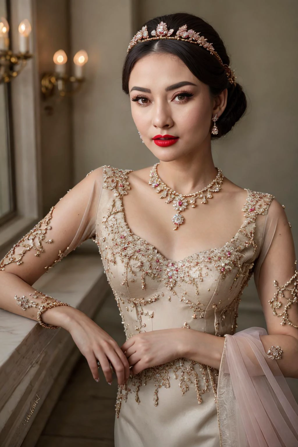 <lora:kebaya:0.8>, 1 women, a photorealistic photo of Hepburn, <lora:AudreyHepburn_v10:0.3>, (high detailed face), best quality, hyperdetailed, super realistic, ultra highres, detailed face textures, 8k resolution, Canon EOS R5, 50mm, ultra detailed, solo focus, high details, detailed and intricate, intricate details, high intricate details, absurd amount of details, Realism, RTX, Volumetric Lighting, Volumetric Light, Volumetric, detailed clothing, ultra highres clothing, ((kebaya)), wide shot, shiny skin, eyeliner, mascara, red lips, jewelry, <lora:epiNoiseoffset_v3:1>, tiara headpiece,wearing parure jewelery, necklace , parure <lora:Parure:0.3>
