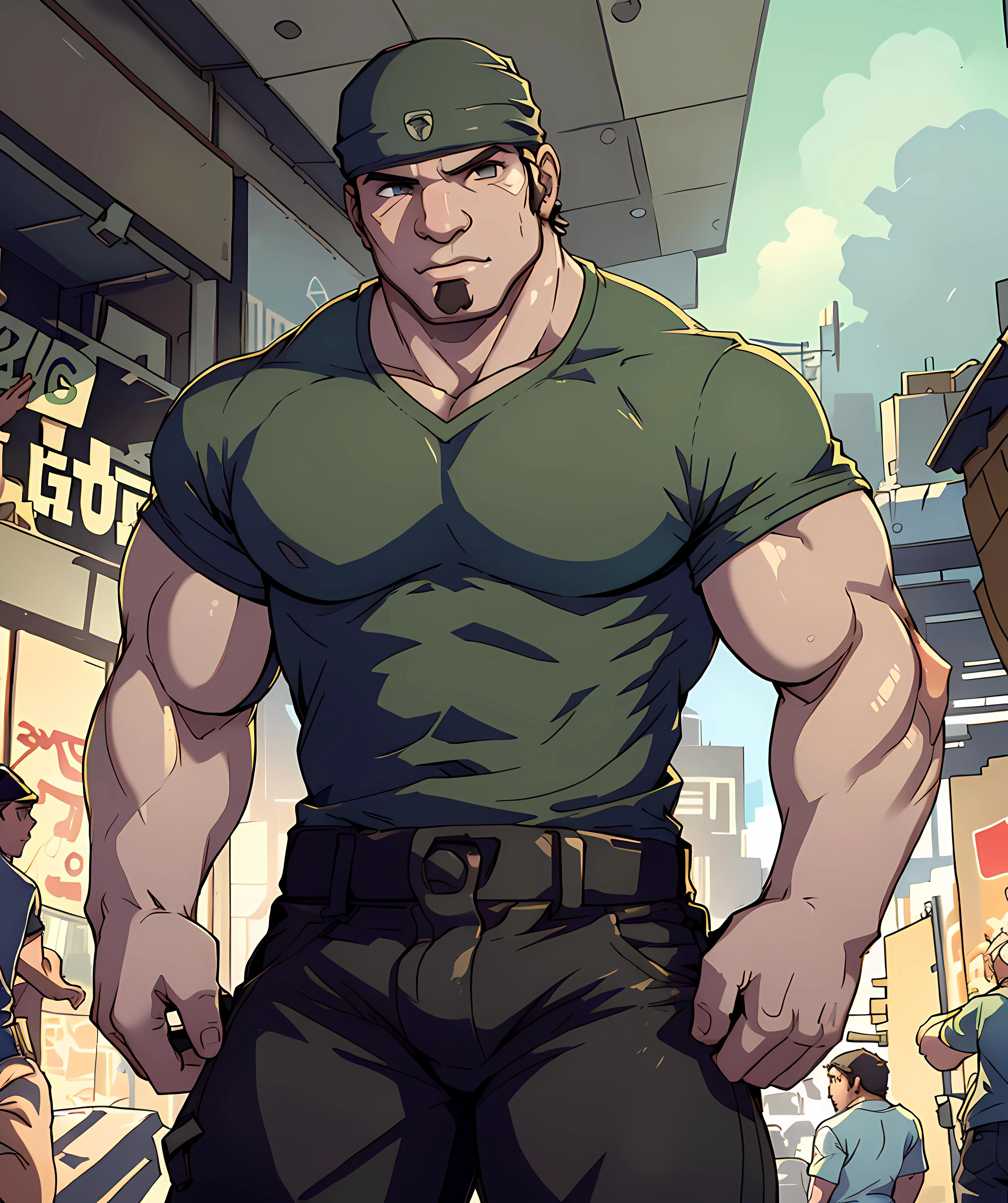 og_marcus_fenix, looking at viewer, mall, walking, bright light, t-shirt, shirt, jeans, bandana <lora:OG_Marcus_Fenix:0.8>
