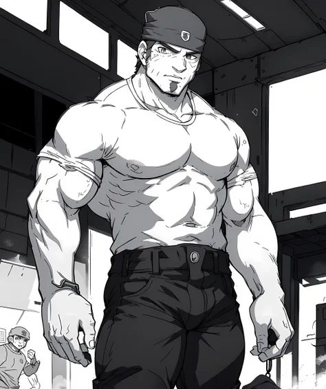 og_marcus_fenix, looking at viewer, train station, walking, bright light, t-shirt, shirt, jeans, black bandana, monochrome, manga, doujinshi, black and white <lora:OG_Marcus_Fenix:0.8>