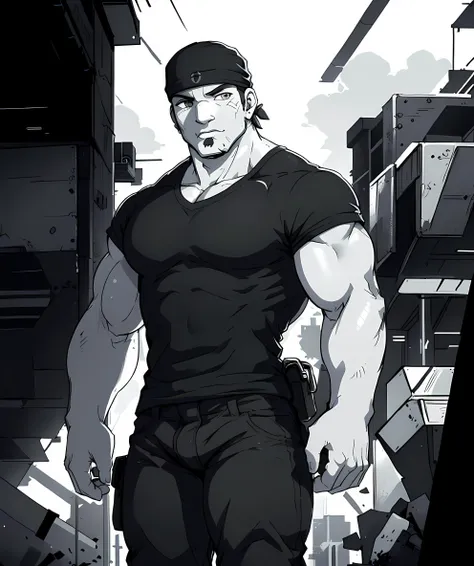 og_marcus_fenix, looking at viewer, train station, walking, bright light, black t-shirt, jeans, black bandana, monochrome, (manga:1.1), doujinshi, black and white <lora:OG_Marcus_Fenix:0.8>