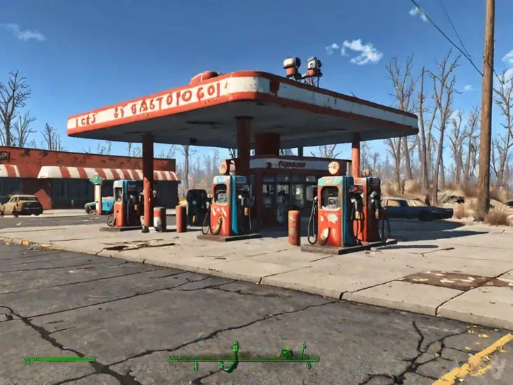 videogame screenshot, gas station, style fallout4 <lora:Fallout_4_XL_Style>