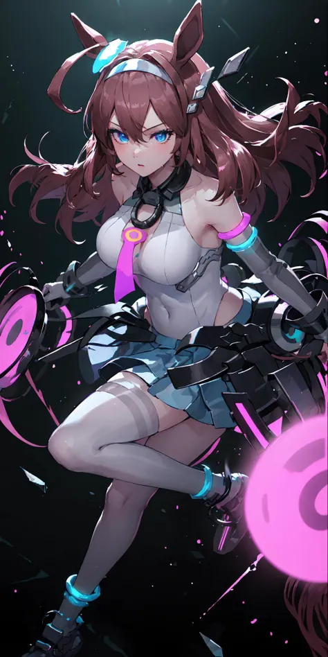 (masterpiece, best quality, ultra-detailed, best shadow), (detailed background), (beautiful detailed face), high contrast, (best illumination, an extremely delicate and beautiful), ((cinematic light)), colorful, hyper detail, dramatic light, intricate details, (1girl, solo, mihono bourbon \(umamusume\), dynamic angle), blood splatter, swirling black light around the character, depth of field,black light particles,(broken glass), grey hairband, glowing hair ornament, detached sleeves, bare shoulders, clothing cutout, pink necktie, white leotard, highleg leotard, pleated skirt, grey skirt, lowleg skirt, miniskirt, white thighhighs, grey footwear, running, <lora:mihono_bourbon_loha_lion:1>