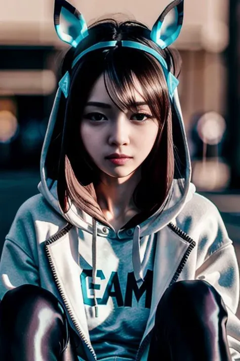 (photorealistic), (cinematic still shot), cinematic photography, cyberpunk, masterpiece, extremely detailed, best quality, original, dynamic posture, dynamic angle
mihono bourbon, umamusume, <lora:mihonoBourbon_v10:0.8>, animal_ears, horse ears, hair_ornament, long sleeves, blue leggings, open white jacket, white hoodie, hood down