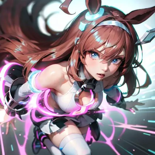 masterpiece, best quality, close up, face shot,
<lora:mihono_bourbon_loha_lion-000009:0.7>, mihono bourbon \(umamusume\), grey hairband, glowing hair ornament, detached sleeves, bare shoulders, clothing cutout, pink necktie, white leotard, highleg leotard, pleated skirt, grey skirt, lowleg skirt, miniskirt, white thighhighs, grey footwear, park, running
