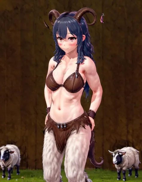 <lora:Futaba_Fukuyama:.8> Futaba,, 1girl, solo, standing, full body, leather bra,  <lora:RPGSatyrXL:.6>, animal ears, curled horns, earrings, fur, fur trim, goat horns, hooves, horns, long hair, looking at viewer, muscular, navel, pointy ears, satyr, sheep ears, tail, tattoo,