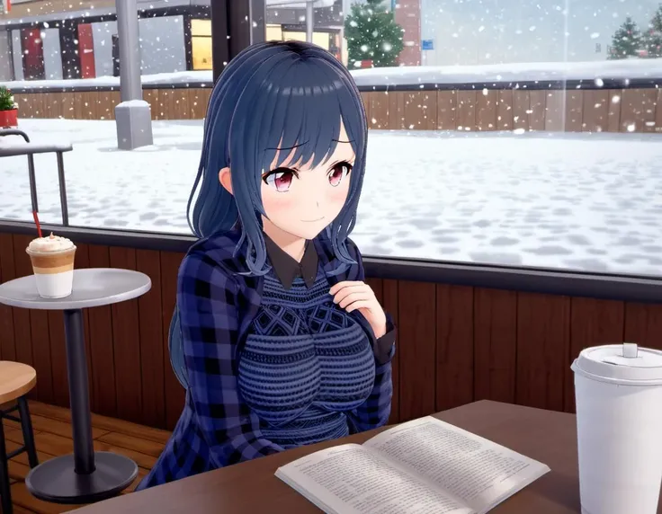 <lora:Futaba_Fukuyama:.8> Futaba, 1girl, solo, hair between eyes, sitting inside a coffee shop, reading a book, snowing, day, smile, looking at book, windows, cozy, contemplative,