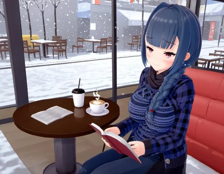 <lora:Futaba_Fukuyama:.8> Futaba, 1girl, solo, sitting inside a coffee shop, reading a book, snowing, day, smile, looking at book