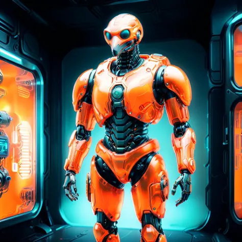 je11y emu commando cyborg, whimsical futuristic background, orange and neon color theme <lora:je11y:0.7> <lora:xl_more_art-full_v1:0.8>