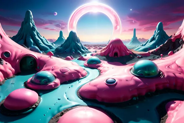 je11y futuristic alien landscape inspired by Teletubbies, pink and blue color theme, whimsical, dreamlike <lora:je11y:0.7> <lora:xl_more_art-full_v1:0.8>