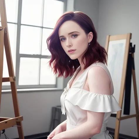 rachelbrosnahan, 8k, a hires photo of woman, posing for an artist, realistic skin texture, canon 5D, 70mm, artist studio, easel, loft, natural colors, modelling, realistic <lora:rachelbrosnahan:1>