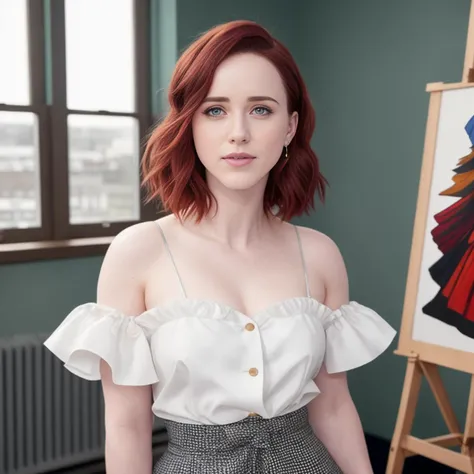 rachelbrosnahan, 8k, a hires photo of woman, posing for an artist, artist studio, easel, loft, natural colors, modelling, realistic <lora:rachelbrosnahan:1>