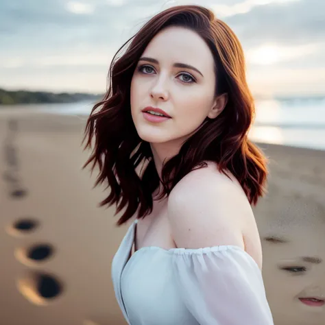 rachelbrosnahan, high resolution headshot photo of a woman, dark hair, as a fashion model, at a beach, professional make up, cinematic lighting <lora:rachelbrosnahanV2:1>