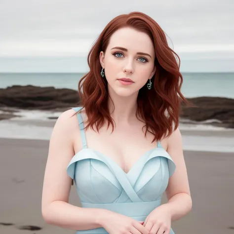 rachelbrosnahan, high resolution headshot photo of a woman,  as a fashion model, at a beach, professional make up, cinematic lighting  <lora:rachelbrosnahanV2:1>