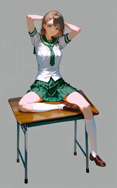 best quality, masterpiece, score_9, score_8_up, score_7_up, rating_safe, source_anime,
1girl, solo, adult, schoolgirl, interlaced fingers, sitting on desk, desk, school desk, green uniform, brown shoes, knee high socks, green eyes,
simple background, empty background, photoshoot,