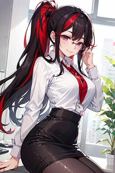 <lora:JPOLGirlMix1:0.8> office lady, skirt, pantyhose, glasses, pencil skirt,, ultra detailed, masterpiece, best quality, aesthetic, detailed,, solo, smug smile, 1girl, purple eyes, red-framed eyewear, (black hair, red colored tips:1.2), red streaked hair, very long hair, side ponytail, tied hair, medium breasts,