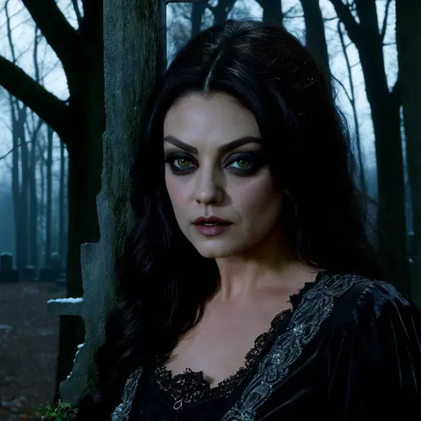 mila_kunis,elvira mistress of the night, long hair, elvira outfit, blouse, dark gothic style makeup, very pale skin, winter, horror theme, cemetry at night, overgrown grave stones, ruins, snow, big dead tree, zombies, muted colors, zombie animals, nightmare, horror movie style, zombie movie,<lora:MilaKunisXL:1>, ((perfect eyes, detailed eyes,realistic eyes)), ((sharp face, detailed face, realistic face, naturtal skin, realistic skin, detailed skin, pores))
