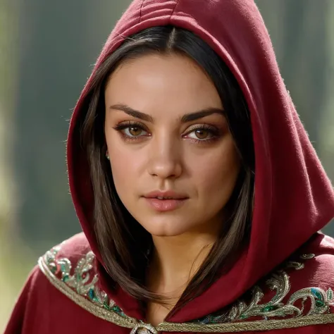 mila_kunis,<lora:MilaKunisXL:1>, long hair, looking at viewer, dress, jewelry, earrings, hood, necklace, cape, makeup, ring, veil, cloak, realistic, hooded cloak, red cloak, ((perfect eyes, detailed eyes,realistic eyes)), ((sharp face, detailed face, realistic face, naturtal skin, realistic skin, detailed skin, pores))
