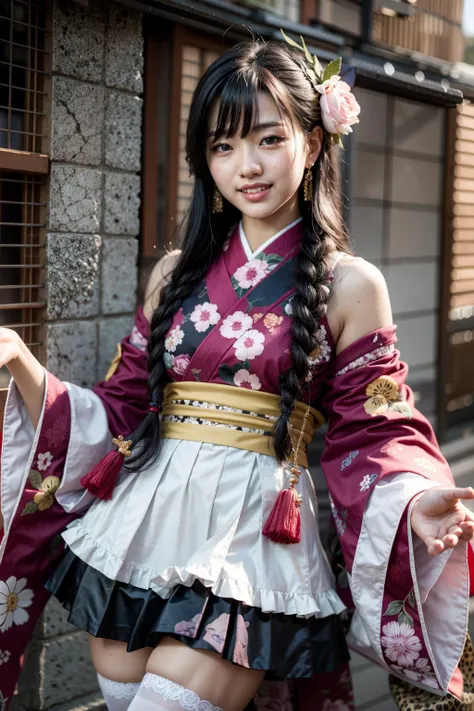(realistic:1.3), finely detailed, quality, rembrandt lighting, (masterpiece:1.2), (photorealistic:1.2), (best quality), (detailed skin:1.3), (intricate details), dramatic, ray tracing, 1girl, japanese girl, 21 years old, detailed skin texture, (blush:0.5), (goosebumps:0.5), subsurface scattering, smiling, medium breasts, updo hair, bangs, hair between eyes, frills, japanese clothes, hair flower,wide sleeves, kimono, white thighhighs, zettai ryouiki, floral print, skirt,detached sleeves, bare shoulders, cowboy shot, (bright sunny day), <lora:cute_kimono_N_V1_1:0.8>
