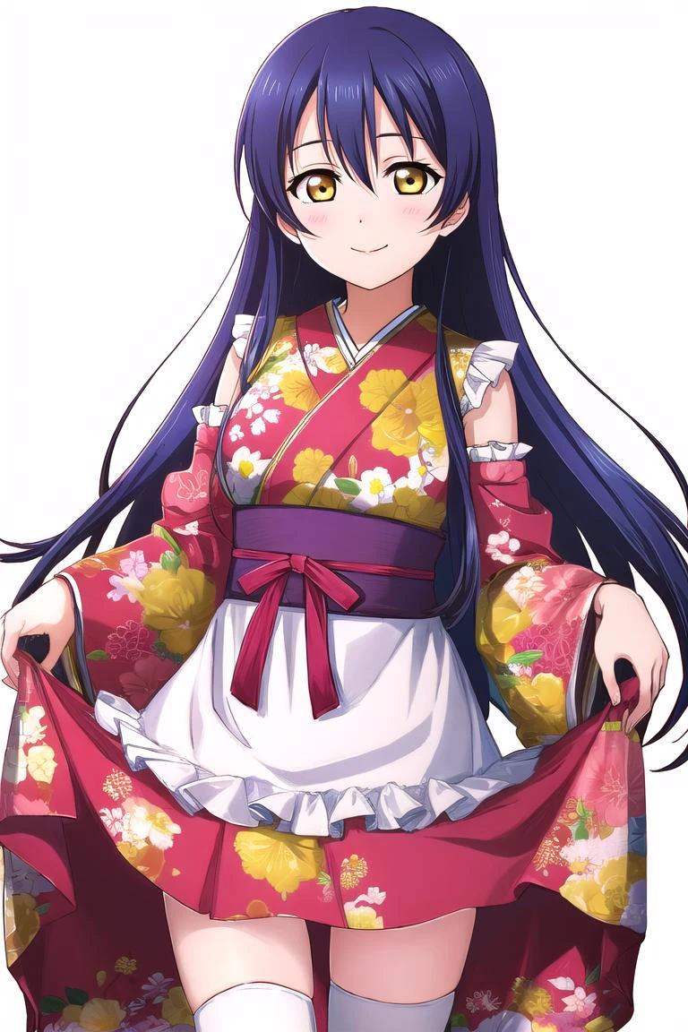 <lora:GoodHands-beta2:0.333>
(best quality:2.0), (highres:2.0), (perfect anatomy:1.4), (perfect lighting:1.4), (vivid color:1.4), (detailed face and eyes:1.2),
(1girl:1.2, solo:1.2), upper body, standing,
kimono, detached sleeves, (frills:1.2), (floral print:1.2), (skirt hold:1.2)
(White background:1.2)
ADDCOMM
<lora:UmiLL_v1:0.267:0.267:lbw=LBW_LL> <lora:LLAS_v30:0.233:0.233:lbw=LBW_LLASV2> <lora:Lovelive:0.133:0.133:lbw=LBW_LoveliveV4> <lora:LessHighlightEyes:-0.133>
(best quality:2.0), (highres:2.0), (perfect anatomy:1.4), (perfect lighting:1.4), (vivid color:1.4), (detailed face and eyes:1.2),
(aged down:1.1), (big pupils:1.1), (Yellow Eyes:1.3), (sonoda umi:1.2), Blue hair, (long hair:1.2), straight hair, swept bangs, hair between eyes, (lips:0.8), huge breasts, narrow waist, blush, (closed mouth:1.4), smile, hair flower
kimono, detached sleeves, (frills:1.2), (floral print:1.2), (skirt hold:1.2)
ADDROW
<lora:cute_kimono_N_V1_1:0.333> <lora:add_detail:0.167>
kimono, detached sleeves, apron, (frills:1.2), (floral print:1.2), (skirt hold:1.2)
(White apron:1.2), wide sleeves, white thighhighs, zettai ryouiki, floral print, skirt