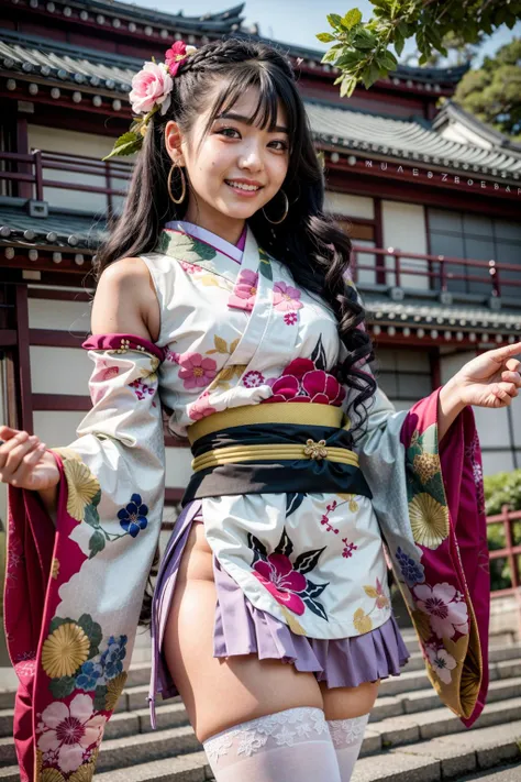 (realistic:1.3), finely detailed, quality, rembrandt lighting, (masterpiece:1.2), (photorealistic:1.2), (best quality), (detailed skin:1.3), (intricate details), dramatic, ray tracing, 1girl, japanese girl, 21 years old, detailed skin texture, (blush:0.5), (goosebumps:0.5), subsurface scattering, smiling, medium breasts, long hair curls, bangs, hair between eyes, frills, japanese clothes, hair flower,wide sleeves, kimono, white thighhighs, zettai ryouiki, floral print, skirt, detached sleeves, bare shoulders, cowboy shot, (bright sunny day, outdoors, classical japanese architecture), <lora:cute_kimono_N_V1_1:1>