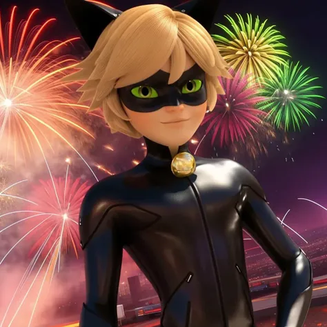 <lora:chatnoir:0.9>, latex, man, complex background, chatnoir, spandex, fireworks, look at the camera