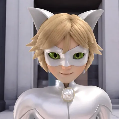 photorealism, a profesional photo, <lora:chatnoir:1>, a chatnoir, detailed city, white costume, white mask, closeup face