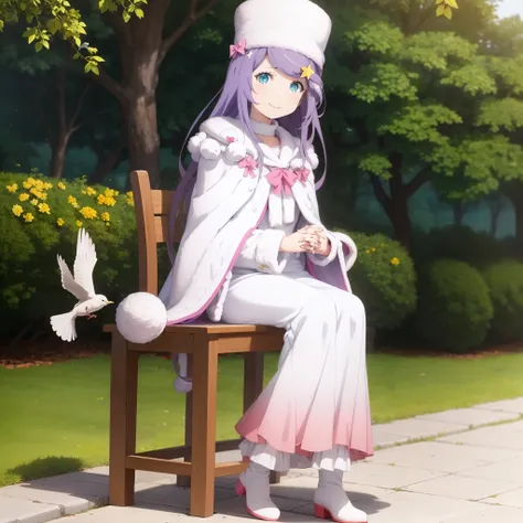 masterpiece,best quality,anime,(2d:1.2),
<lora:Anastasia:1>,
1girl, star hair ornament, hat, blue eyes, long hair, white footwear, white dress, outdoors, pink bow, own hands together, solo, long sleeves, fur trim, white cape, bird, full body, looking at viewer, sitting, smile, boots, long dress, bangs, invisible chair, own hands clasped, purple hair, closed mouth, floating hair, swept bangs,