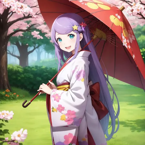 masterpiece,best quality,anime,(2d:1.2),
<lora:Anastasia:1>,
1girl, japanese clothes, kimono, umbrella, solo, outdoors, star hair ornament, long hair, purple hair, cherry blossoms, open mouth, smile, day, holding umbrella, looking at viewer, tree, floral print, sash,obi, petals,:d, print kimono, bangs, blush, standing, very long hair, long sleeves, blue eyes, grass, wide sleeves,red umbrella, sparkle