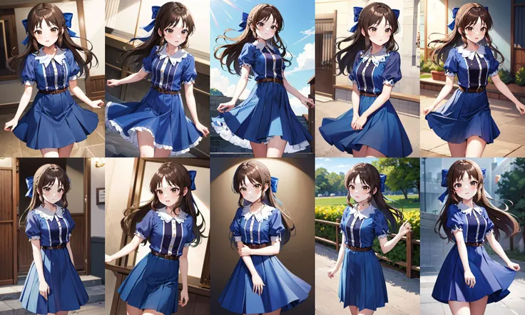 masterpiece, best quality, highres, hmarisu, long hair, hair bow, blue bow, blue dress, collared dress, short sleeves, puffy sleeves, belt, blue skirt, <lora:tachibana_arisu_v1:0.8>, cowboy shot, standing,