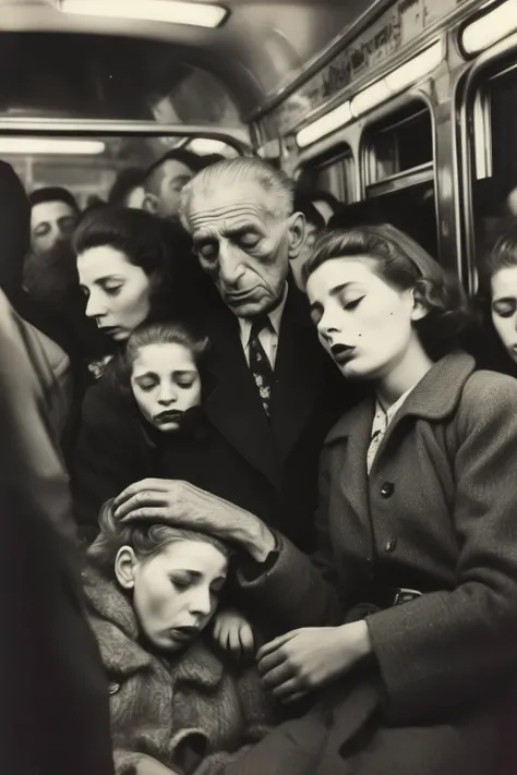 <lora:Weegee Style:1>Weegee Style - A photo by robert frank of an an elderly man asleep on a bus full of people while a young girl is doing her make-up