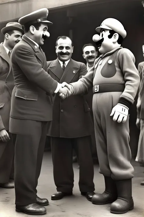 <lora:Weegee Style:1>Weegee Style - A historical black and white photography of Benito Mussolini shaking hands with Super Mario