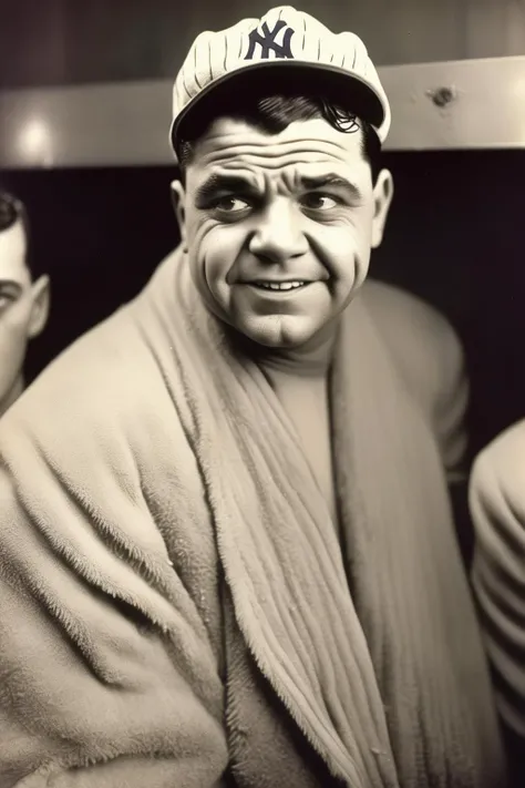 <lora:Weegee Style:1>Weegee Style - It is 1932, and a full-color wide shot of Babe Ruth, wearing a New York Yankees baseball cap in the locker room after a game, freshly showered and wrapped in a towel. He takes questions from eager-looking reporters