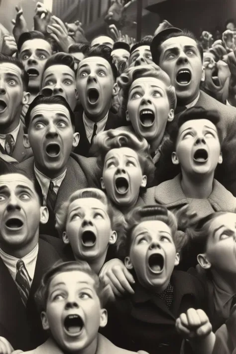 <lora:Weegee Style:1>Weegee Style - black and white 1950s photograph of a crowd panicking