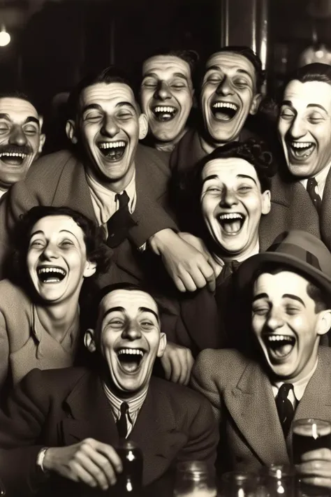 <lora:Weegee Style:1>Weegee Style - masterpiece portrait photo of Londoners laughing in a pub in 1938 during the evening, shot