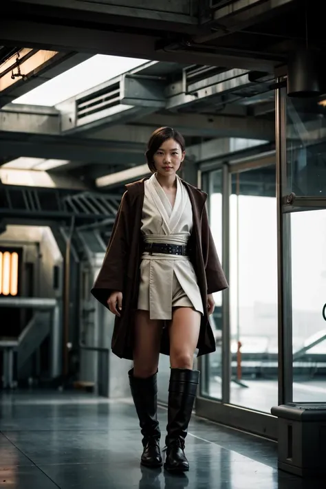 fashion photography, old british scifi tv show, nsfw, (group profile :1.1), photo portrait of a 32 year old smiling Chinese woman, 70's haircut, naughty face, looking at the camera, wearing a (revealing jedioutfit:1.1), (no pants, pants off:1.1), bare legs, sexy s1999unf uniform, sexy pose, provocative pose, subsurface scattering, sharp focus (Flickering light:1.1), dlsr, ultra sharp, 8k,Mandalore Sundari Royal Palace with flickering fluorescent lights reminiscent of 'Star Wars'. The setting should be filled with advanced technology, sleek design, and a sense of wonder. Capture the ambiance of the environment with attention to details like the architecture, lighting, and (futuristic gadgets:1.1). Include shots of characters in the (iconic jedi dress:1.1), engaging in (scientific activities:1.2). Emulate the show's distinctive (retro-futuristic aesthetics:1.1), blending sleek modernism with a sense of cosmic adventure <lora:jedioutfit:0.7>