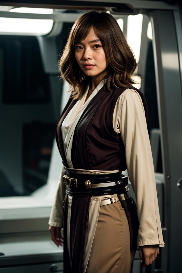 A woman in a star wars outfit standing in front of a vehicle - SeaArt AI