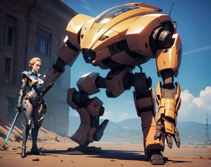 (standing with mech), mature female, <lora:standing-with-mech:1>, holding sword,