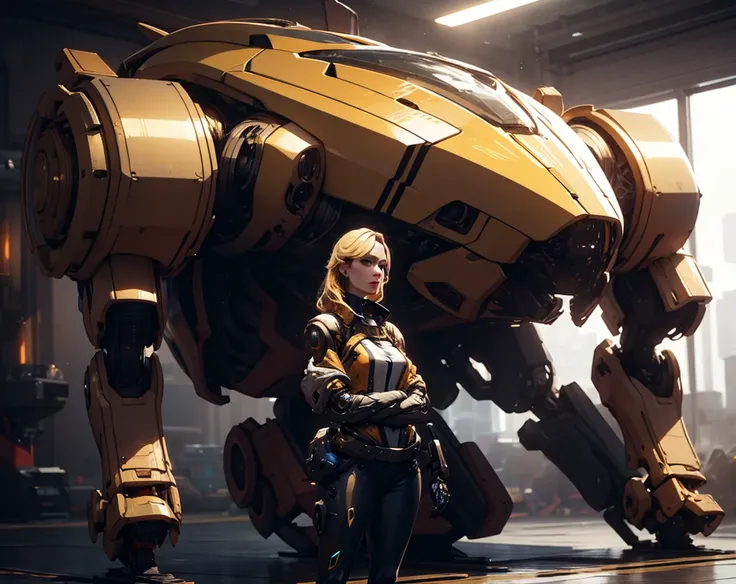 (standing with blackand gold mech), mature female, <lora:standing-with-mech:1>, blonde hair, <lora:baimecha:0.1>
