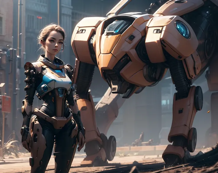 (standing with mech), mature female, <lora:standing-with-mech:1>, holding sword,
